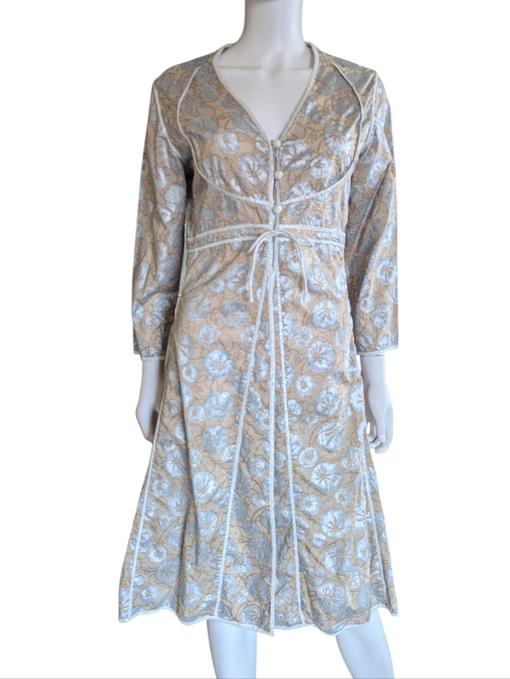 Ratan Floral Lace-Trim Beige & Light Blue Robe Dress